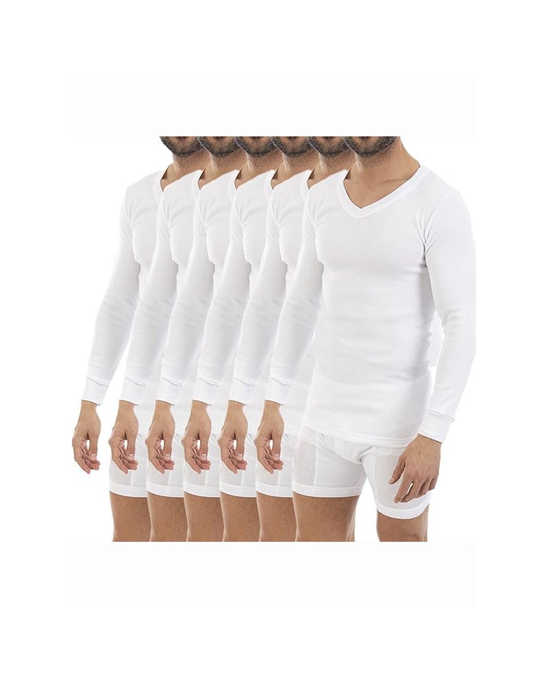 Camiseta interior de manga larga para hombre, algodón elástico orgánico,  cuello en V, color blanco