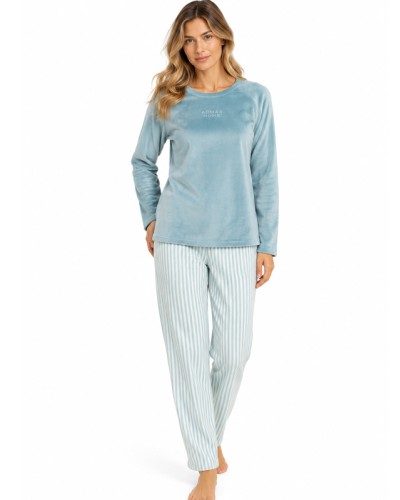 Pijama Mujer ADMAS Home Aqua Stripes | Pijama Largo de Terciopelo Suave y Cálido
