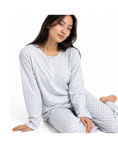 Pijama Mujer ADMAS Classic Grey Flowers | Pijama Largo 100% Algodón Color Perla