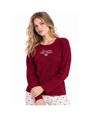 Pijama Largo para Mujer Je T'Aime Burdeos 100% Algodón con Lacitos - ADMAS