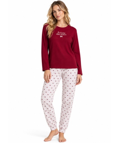 Pijama Largo para Mujer Je T'Aime Burdeos 100% Algodón con Lacitos - ADMAS