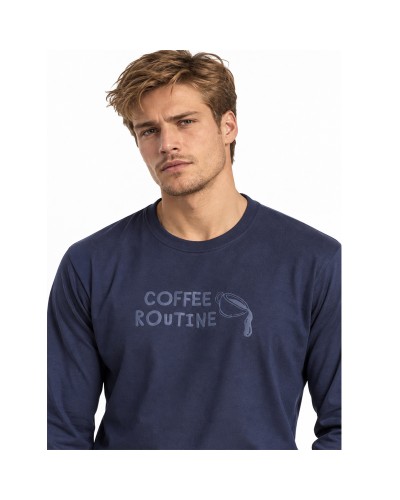 Pijama Largo Hombre Coffee Routine Marino de Algodón con Pantalón de Cuadros - ADMAS