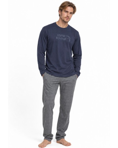Pijama Largo Hombre Coffee Routine Marino de Algodón con Pantalón de Cuadros - ADMAS