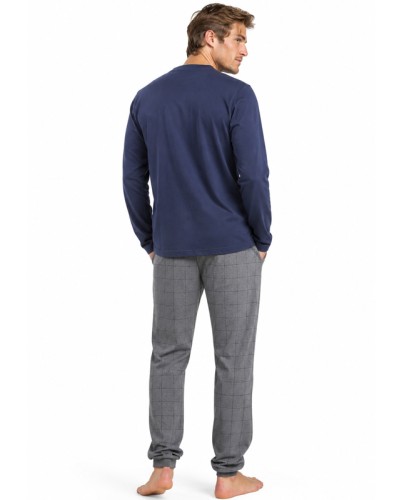 Pijama Largo Hombre Coffee Routine Marino de Algodón con Pantalón de Cuadros - ADMAS