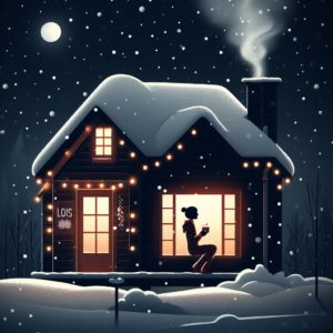 Casa acogedora cubierta de nieve bajo un cielo estrellado de invierno